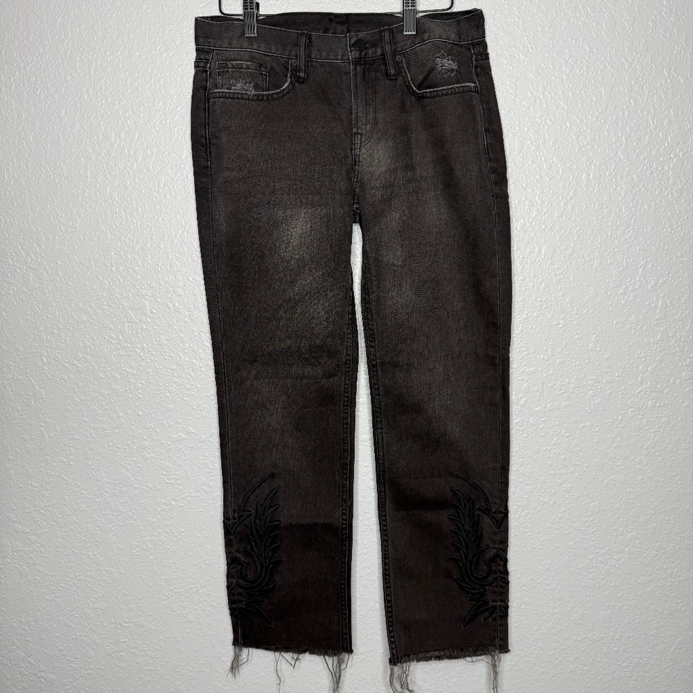 All Saints Philly Black Denim size 26‎  distressed with embroidered designs -cp
